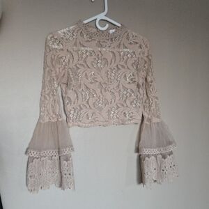 Revamped Beige Lace Embellished Crop Blouse with Bell Sleeves Size S